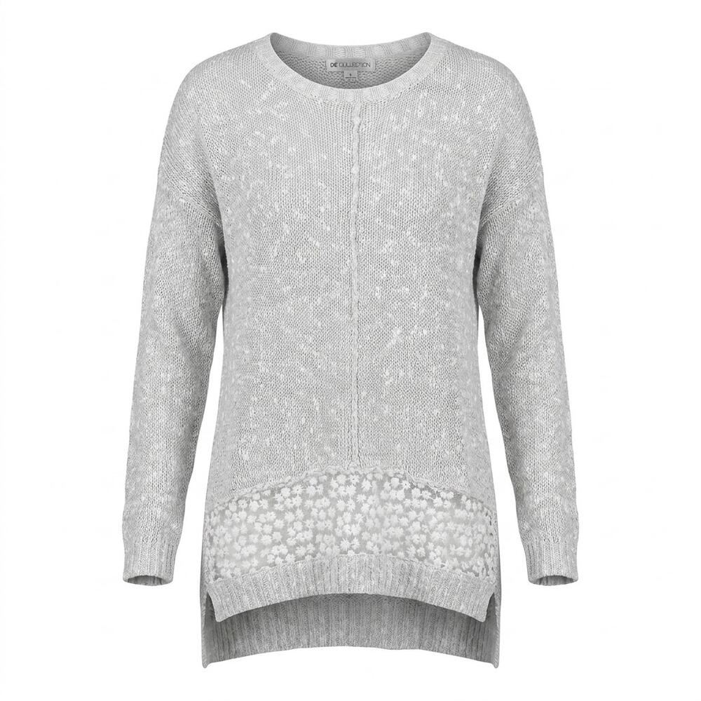 DE Collection Gray Crew Neck Lace Trim Knit Stretch Sweater Women Size S